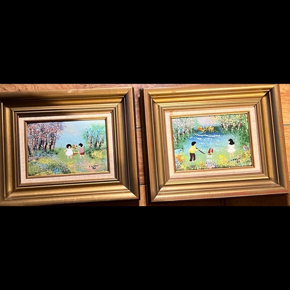 Pair of Louis Cardin enameled copper paintings of children  11 x 9 1980